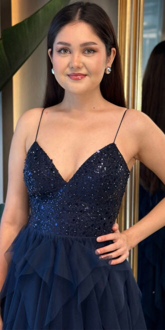 Navy Blue Spaghetti Strap Low-Cut Back Flared Skirt Beaded Sequin Long Evening Dress 7588 - 2