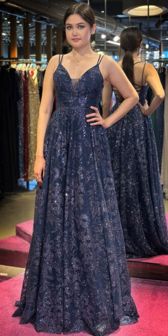 Navy Blue Spaghetti Strap Low-Cut Back Flared Skirt Glitter Long Evening Dress 7635 