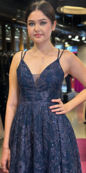 Navy Blue Spaghetti Strap Low-Cut Back Flared Skirt Glitter Long Evening Dress 7635 - 2
