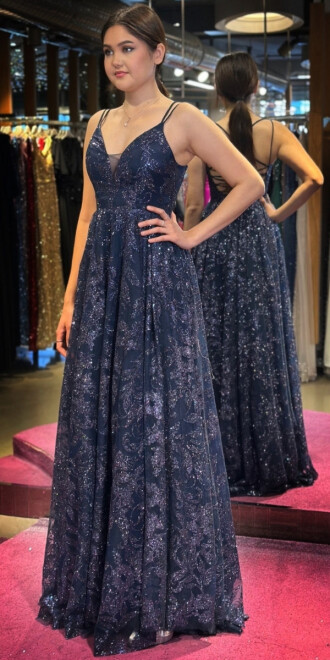 Navy Blue Spaghetti Strap Low-Cut Back Flared Skirt Glitter Long Evening Dress 7635 - 3