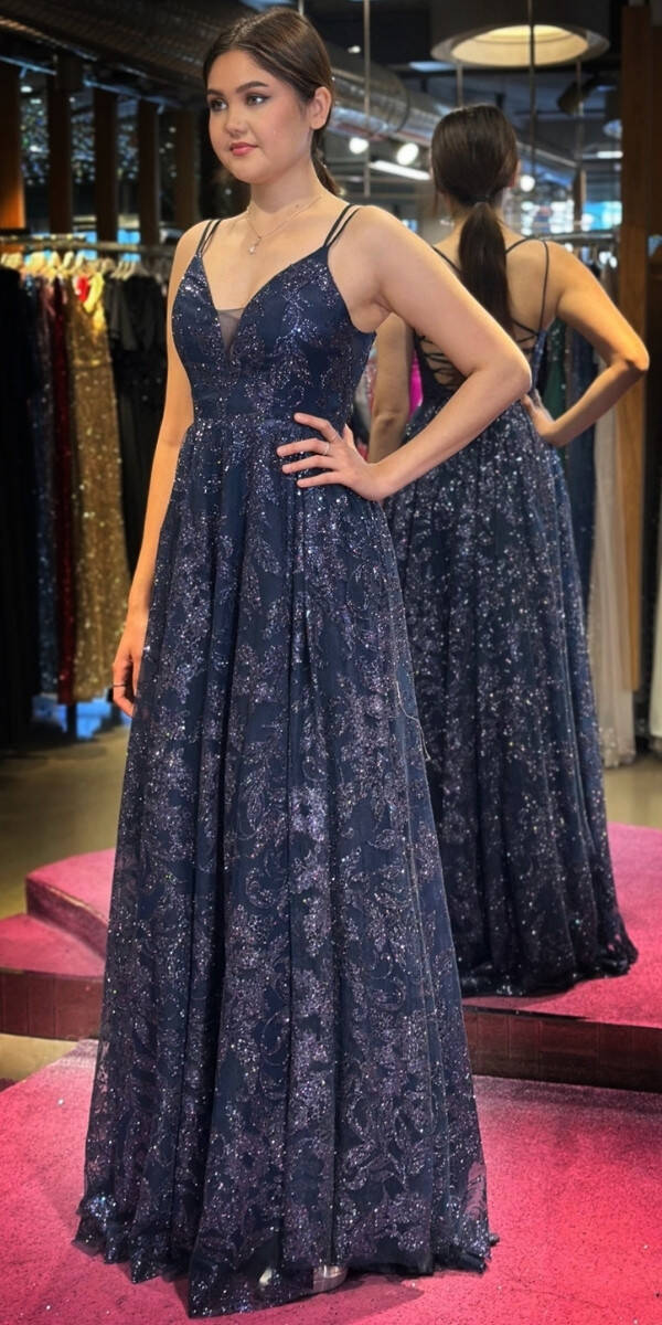 Navy Blue Spaghetti Strap Low-Cut Back Flared Skirt Glitter Long Evening Dress 7635 - 3