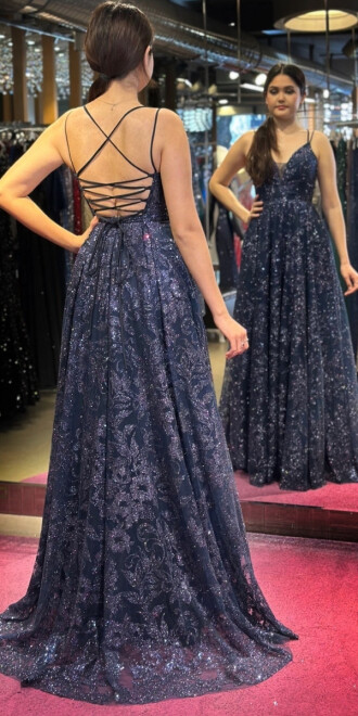 Navy Blue Spaghetti Strap Low-Cut Back Flared Skirt Glitter Long Evening Dress 7635 - 5