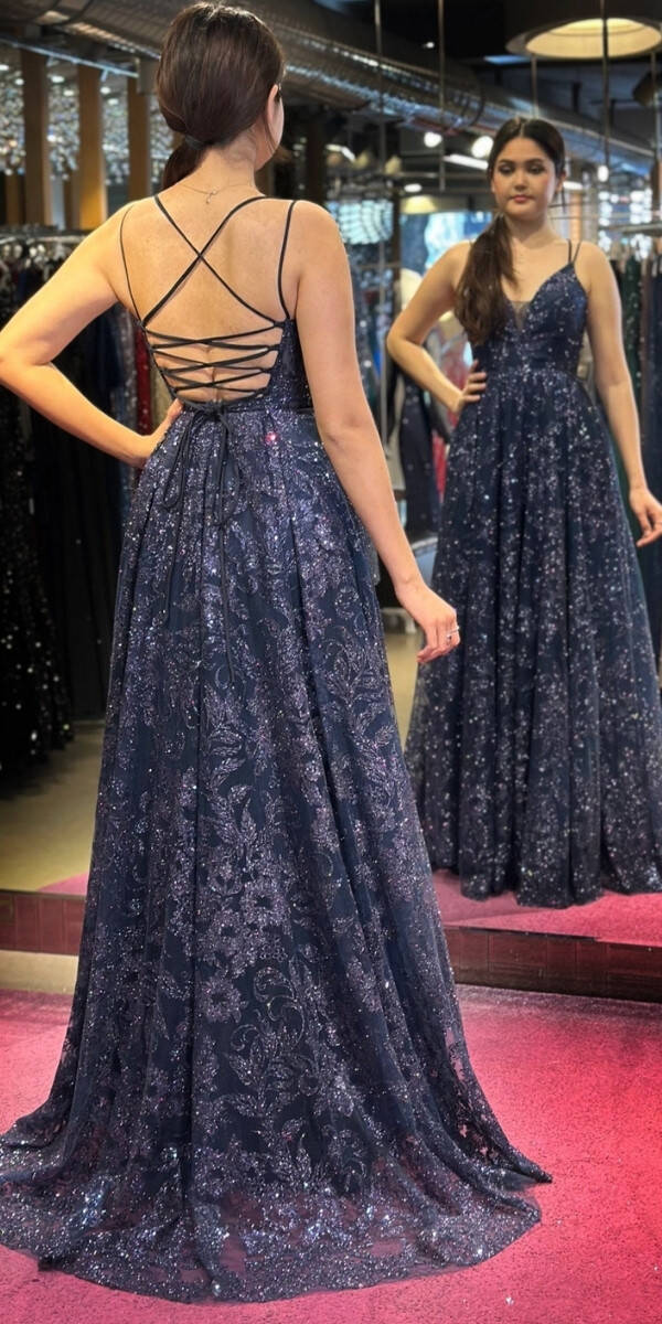 Navy Blue Spaghetti Strap Low-Cut Back Flared Skirt Glitter Long Evening Dress 7635 - 5