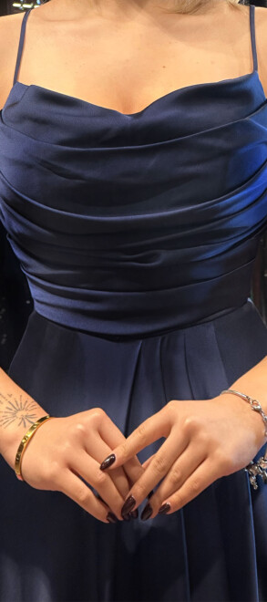 Navy Blue Spaghetti Strap Low-Cut Back Flared Skirt Satin Long Evening Dress 7281 - 4