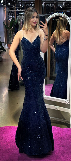Navy Blue Spaghetti Strap Low-Cut Back Mermaid Skirt Velvet Sequin Long Evening Dress 6739 - abiyeniall