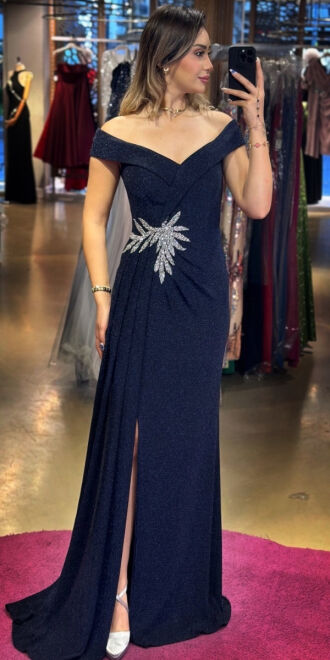 Navy Blue Stone Detailed Slit Straight Cut Glitter Long Evening Dress 7566 