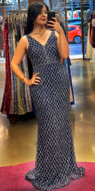 Navy Blue Thick Strap Beaded Straight Cut Glitter Long Evening Dress 7587 