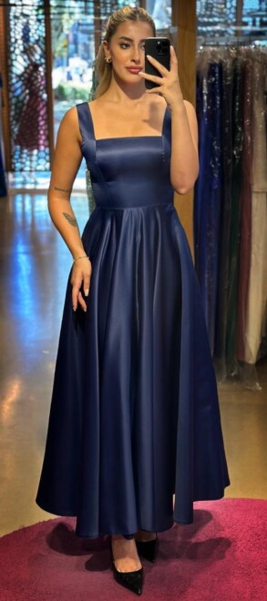 Navy Blue Thick Strap Flared Skirt Satin Midi Evening Dress 7631 
