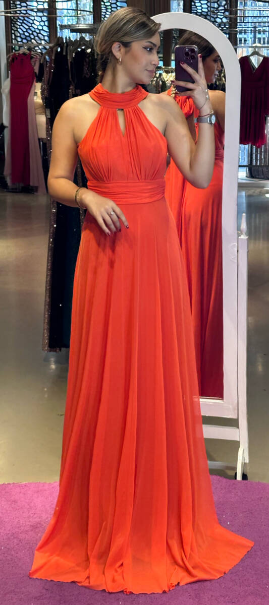 Orange Low-Cut Back Flared Skirt Tulle Long Evening Dress 6034 - 1