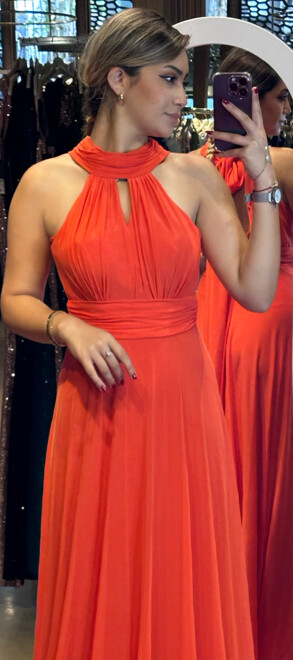 Orange Low-Cut Back Flared Skirt Tulle Long Evening Dress 6034 - 2
