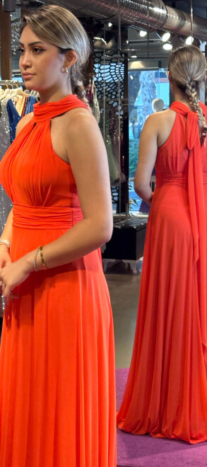 Orange Low-Cut Back Flared Skirt Tulle Long Evening Dress 6034 - 3