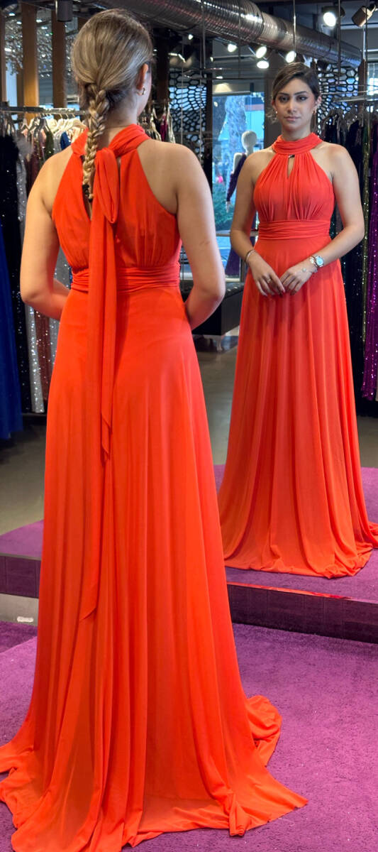 Orange Low-Cut Back Flared Skirt Tulle Long Evening Dress 6034 - 5