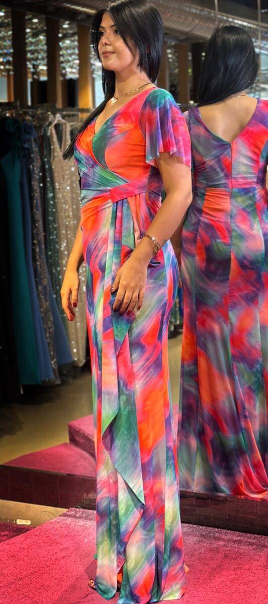 Orange Short Sleeve Slit Straight Cut Patterned Long Evening Dress 7580 - 3