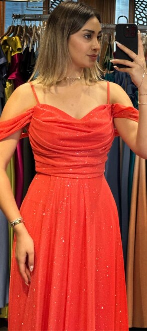 Orange Spaghetti Strap Low-Cut Back Flared Skirt Glitter Fabric Long Evening Dress 7365 - 2