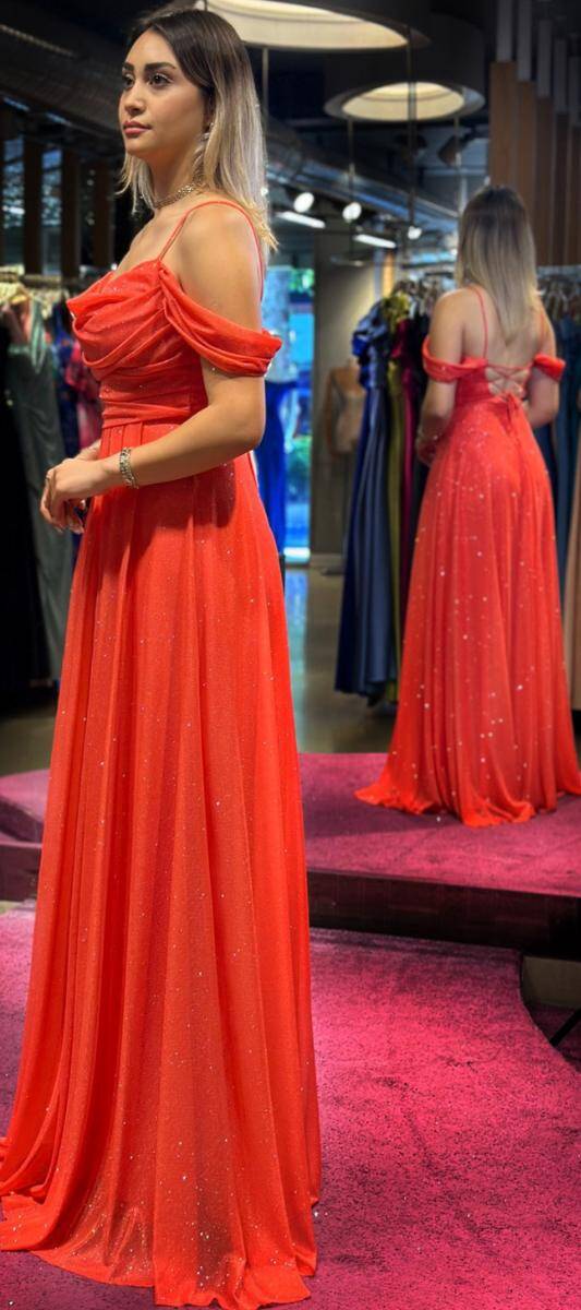 Orange Spaghetti Strap Low-Cut Back Flared Skirt Glitter Fabric Long Evening Dress 7365 - 3