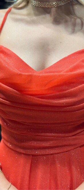 Orange Spaghetti Strap Low-Cut Back Flared Skirt Glitter Fabric Long Evening Dress 7365 - 4