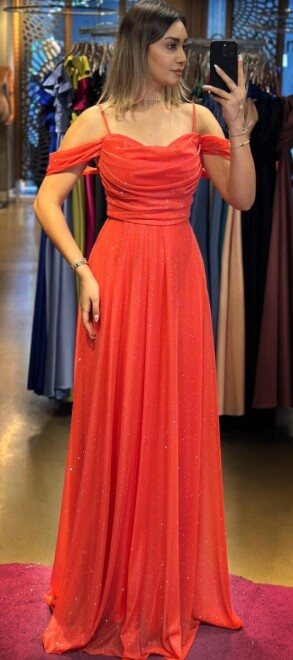 Orange Spaghetti Strap Low-Cut Back Flared Skirt Glitter Fabric Long Evening Dress 7365 - 1