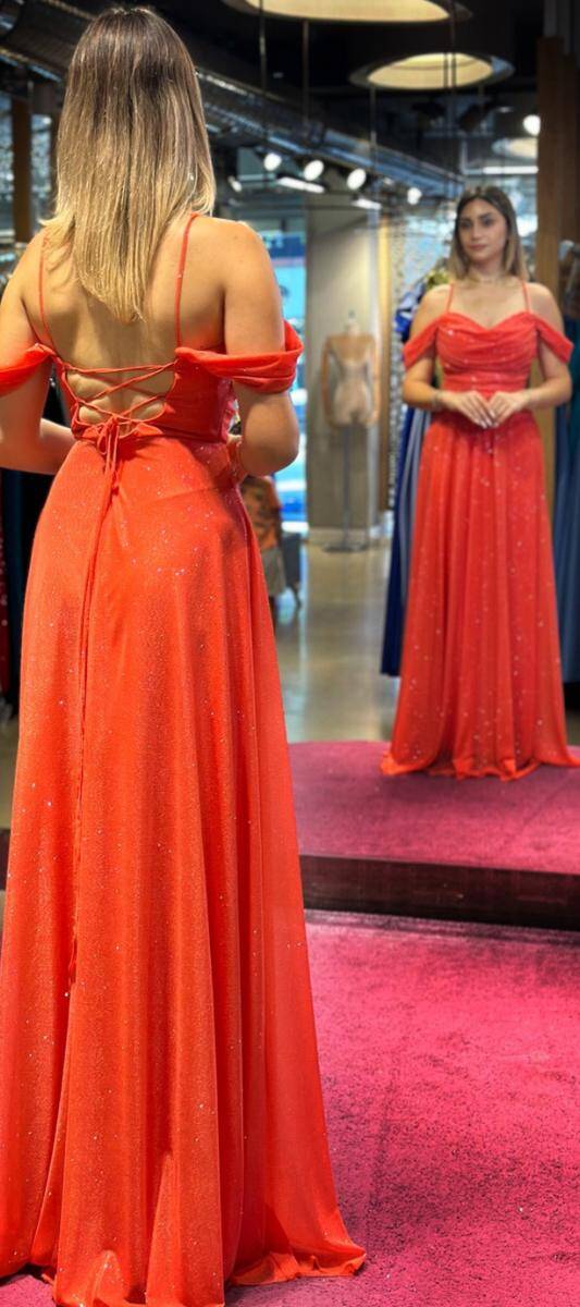 Orange Spaghetti Strap Low-Cut Back Flared Skirt Glitter Fabric Long Evening Dress 7365 - 5
