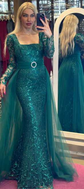 Petrol Blue Long Sleeve Straight Cut Glitter Long Evening Dress 7363 