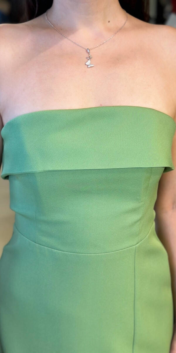 Pistachio Green Strapless Neckline Slit Straight Cut Crepe Midi Evening Dress 7692 - 4