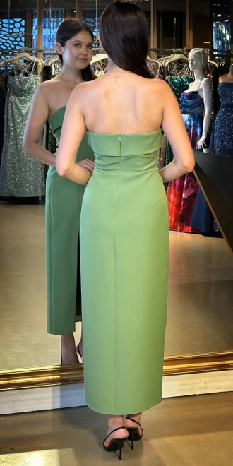 Pistachio Green Strapless Neckline Slit Straight Cut Crepe Midi Evening Dress 7692 - 5