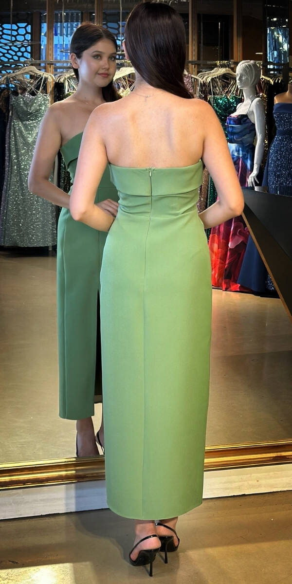 Pistachio Green Strapless Neckline Slit Straight Cut Crepe Midi Evening Dress 7692 - 5
