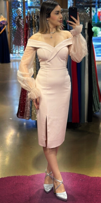 Powder Long Sleeve Slit Straight Cut Crepe Midi Evening Dress 7084 