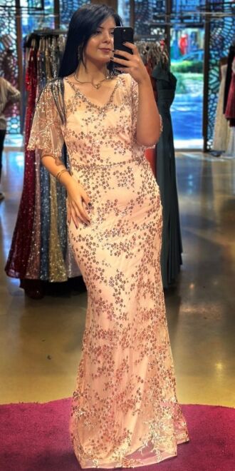 Powder Short Sleeve Straight Cut Glitter Long Evening Dress 6779 