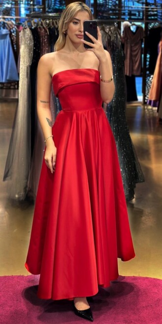 Red Flared Skirt Satin Midi Evening Dress 7647 
