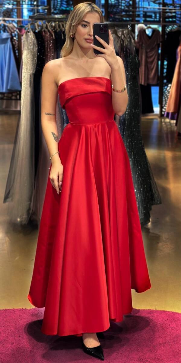 Red Flared Skirt Satin Midi Evening Dress 7647 - 1