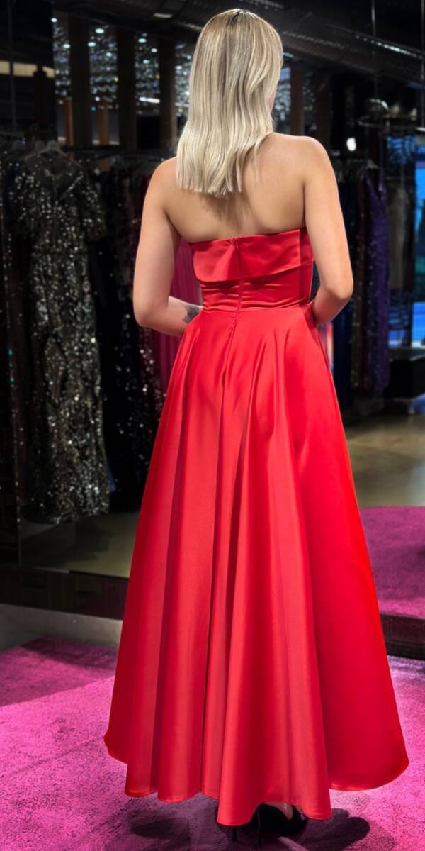 Red Flared Skirt Satin Midi Evening Dress 7647 - 5