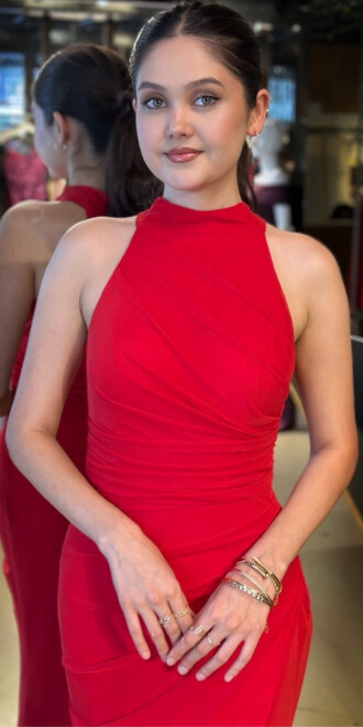 Red Halter Neck Slit Straight Cut Tulle Long Evening Dress 11084 - 3