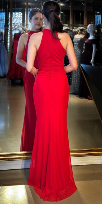 Red Halter Neck Slit Straight Cut Tulle Long Evening Dress 11084 - 5
