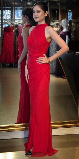Red Halter Neck Slit Straight Cut Tulle Long Evening Dress 11084 - 2