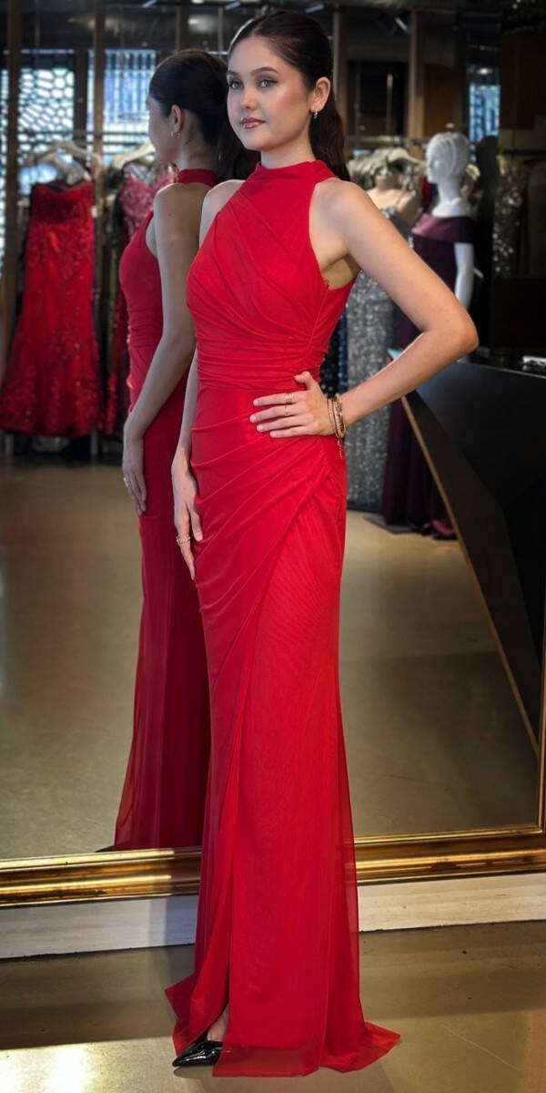 Red Halter Neck Slit Straight Cut Tulle Long Evening Dress 11084 - 2