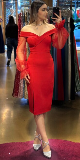 Red Long Sleeve Slit Straight Cut Crepe Midi Evening Dress 7084 