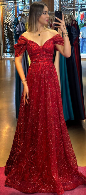 Red Low Sleeve Beaded Flared Skirt Glitter Long Evening Dress 7547 