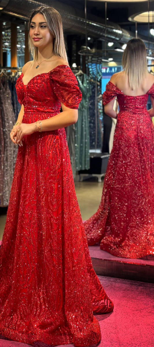 Red Low Sleeve Beaded Flared Skirt Glitter Long Evening Dress 7547 - 3