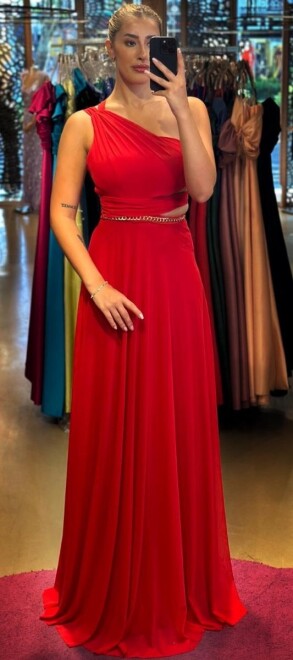 Red One Shoulder Chain Detailed Low-Cut Back Flared Skirt Tulle Long Evening Dress 7436 