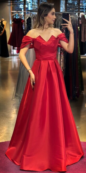 Red Slit Flared Skirt Long Evening Dress 7637 