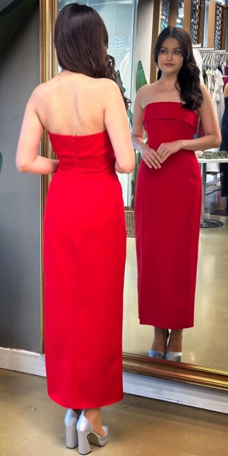 Red Strapless Neckline Slit Straight Cut Crepe Midi Evening Dress 7692 - 5