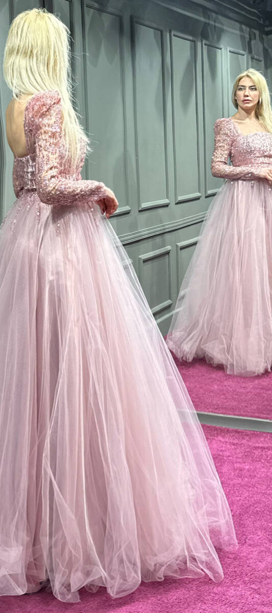 Rose Long Sleeve Flared Skirt Tulle Long Evening Dress 7352 - 3