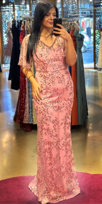 Rose Short Sleeve Straight Cut Glitter Long Evening Dress 6779 