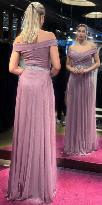 Rose Stone Detailed Flared Skirt Glitter Long Evening Dress 7661 - 5