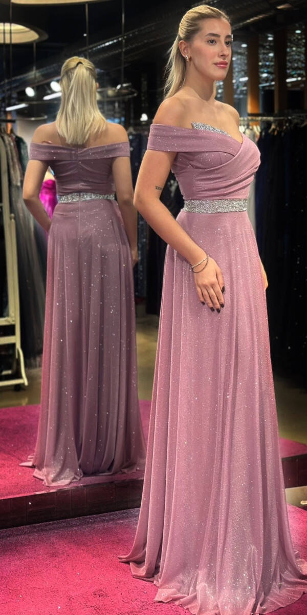 Rose Stone Detailed Flared Skirt Glitter Long Evening Dress 7661 - 3