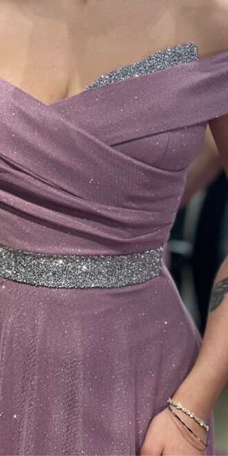 Rose Stone Detailed Flared Skirt Glitter Long Evening Dress 7661 - 4
