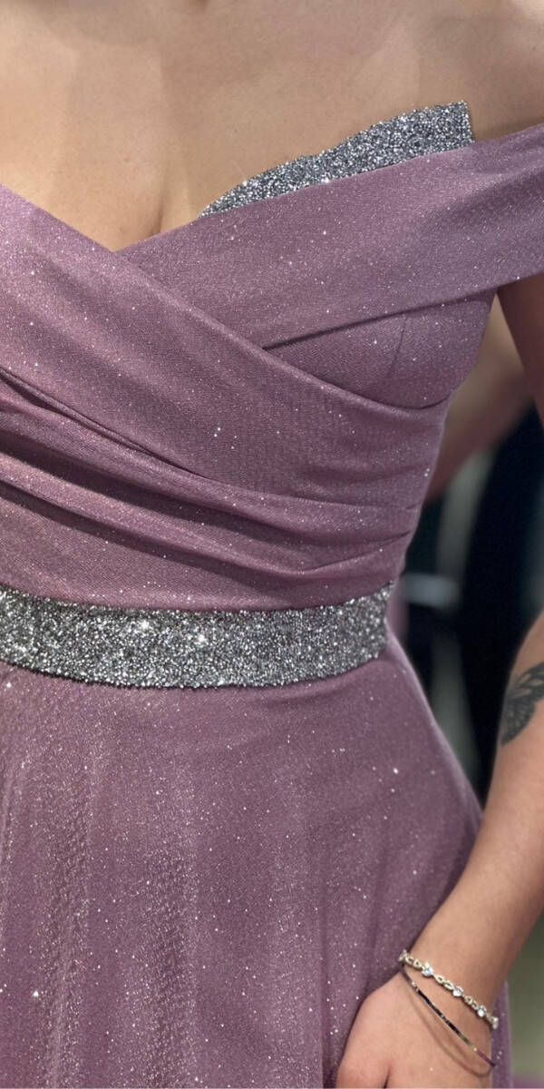 Rose Stone Detailed Flared Skirt Glitter Long Evening Dress 7661 - 4