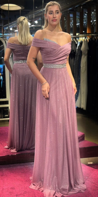 Rose Stone Detailed Flared Skirt Glitter Long Evening Dress 7661 