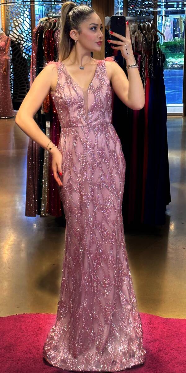Rose Thick Strap Feather Detailed Straight Cut Glitter Long Evening Dress 7530 - 1