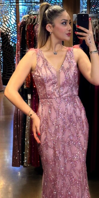 Rose Thick Strap Feather Detailed Straight Cut Glitter Long Evening Dress 7530 - 2